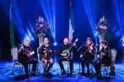 18 November 2023; Aodh Ruadh of Donegal, Micheal McGrath, Sean O’Brien, Lorraine Reynolds, Ciarde Sheerin and Ríonach Sheerin competing in the Ceol Uirlise category during the Scór Sinsir 2023 All-Ireland Finals at the INEC Arena in Killarney, Kerry. Photo by Eóin Noonan/Sportsfile