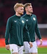18 November 2023; Liam Scales, left, and Nathan Collins of Republic of Ireland before the UEFA EURO 2024 Championship qualifying group B match between Netherlands and Republic of Ireland at Johan Cruijff ArenA in Amsterdam, Netherlands. Photo by Seb Daly/Sportsfile