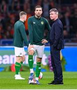 18 November 2023; Republic of Ireland manager Stephen Kenny, right, and Shane Duffy of Republic of Ireland before the UEFA EURO 2024 Championship qualifying group B match between Netherlands and Republic of Ireland at Johan Cruijff ArenA in Amsterdam, Netherlands. Photo by Seb Daly/Sportsfile