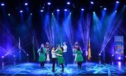 18 November 2023; Cuman Chluain Daimh of Down, Wendy Branagan, Lisa Gribben, Ursula Kearney, Caroline McShane, Laura Mackin, Francis Quinn, Michael Walls and Nicola Ward competing in the Rince Seit category during the Scór Sinsir 2023 All-Ireland Finals at the INEC Arena in Killarney, Kerry. Photo by Eóin Noonan/Sportsfile