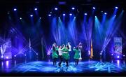 18 November 2023; Cuman Chluain Daimh of Down, Wendy Branagan, Lisa Gribben, Ursula Kearney, Caroline McShane, Laura Mackin, Francis Quinn, Michael Walls and Nicola Ward competing in the Rince Seit category during the Scór Sinsir 2023 All-Ireland Finals at the INEC Arena in Killarney, Kerry. Photo by Eóin Noonan/Sportsfile