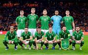 18 November 2023; The Republic of Ireland team, back row, from left, Evan Ferguson, Nathan Collins, Liam Scales, goalkeeper Gavin Bazunu and Dara O'Shea, with front row, from left, Callum Robinson, Alan Browne, Jason Knight, Josh Cullen, captain Matt Doherty and Ryan Manning before the UEFA EURO 2024 Championship qualifying group B match between Netherlands and Republic of Ireland at Johan Cruijff ArenA in Amsterdam, Netherlands. Photo by Stephen McCarthy/Sportsfile