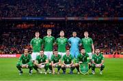 18 November 2023; The Republic of Ireland team, back row, from left, Evan Ferguson, Nathan Collins, Liam Scales, goalkeeper Gavin Bazunu and Dara O'Shea, with front row, from left, Callum Robinson, Alan Browne, Jason Knight, Josh Cullen, captain Matt Doherty and Ryan Manning before the UEFA EURO 2024 Championship qualifying group B match between Netherlands and Republic of Ireland at Johan Cruijff ArenA in Amsterdam, Netherlands. Photo by Stephen McCarthy/Sportsfile