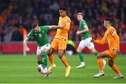 18 November 2023; Alan Browne of Republic of Ireland in action against Cody Gakpo of Netherlands during the UEFA EURO 2024 Championship qualifying group B match between Netherlands and Republic of Ireland at Johan Cruijff ArenA in Amsterdam, Netherlands. Photo by Stephen McCarthy/Sportsfile