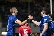18 November 2023; Sam Prendergast of Leinster, left, celebrates with team-mate Jimmy O'Brien after scoring his side's first try during the United Rugby Championship match between Leinster and Scarlets at the RDS Arena in Dublin. Photo by Sam Barnes/Sportsfile