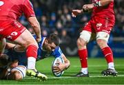 18 November 2023; Max Deegan of Leinster dives over to score his side's third try during the United Rugby Championship match between Leinster and Scarlets at the RDS Arena in Dublin. Photo by Harry Murphy/Sportsfile