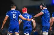 18 November 2023; Max Deegan of Leinster, 6, celebrates with teammate James Ryan after scoring his side's third try during the United Rugby Championship match between Leinster and Scarlets at the RDS Arena in Dublin. Photo by Harry Murphy/Sportsfile