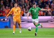 18 November 2023; Alan Browne of Republic of Ireland has a shot on goal despite the attention of Tijjani Reijnders of Netherlands during the UEFA EURO 2024 Championship qualifying group B match between Netherlands and Republic of Ireland at Johan Cruijff ArenA in Amsterdam, Netherlands. Photo by Seb Daly/Sportsfile