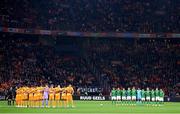 18 November 2023; Players and officials observe a moment of silence before the UEFA EURO 2024 Championship qualifying group B match between Netherlands and Republic of Ireland at Johan Cruijff ArenA in Amsterdam, Netherlands. Photo by Seb Daly/Sportsfile