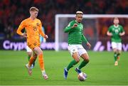 18 November 2023; Callum Robinson of Republic of Ireland in action against Jerdy Schouten of Netherlands during the UEFA EURO 2024 Championship qualifying group B match between Netherlands and Republic of Ireland at Johan Cruijff ArenA in Amsterdam, Netherlands. Photo by Seb Daly/Sportsfile
