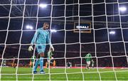 18 November 2023; Republic of Ireland goalkeeper Gavin Bazunu after his side conceded a first goal, scored by Wout Weghorst of Netherlands, during the UEFA EURO 2024 Championship qualifying group B match between Netherlands and Republic of Ireland at Johan Cruijff ArenA in Amsterdam, Netherlands. Photo by Stephen McCarthy/Sportsfile