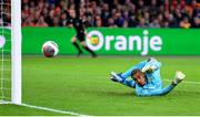 18 November 2023; Republic of Ireland goalkeeper Gavin Bazunu makes a save during the UEFA EURO 2024 Championship qualifying group B match between Netherlands and Republic of Ireland at Johan Cruijff ArenA in Amsterdam, Netherlands. Photo by Seb Daly/Sportsfile