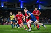 18 November 2023; Jamie Osborne of Leinster on his way to scoring his side's fifth try during the United Rugby Championship match between Leinster and Scarlets at the RDS Arena in Dublin. Photo by Harry Murphy/Sportsfile