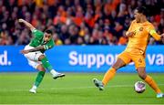 18 November 2023; Adam Idah of Republic of Ireland shoots to score a goal, which was subsequently disallowed for offside, during the UEFA EURO 2024 Championship qualifying group B match between Netherlands and Republic of Ireland at Johan Cruijff ArenA in Amsterdam, Netherlands. Photo by Stephen McCarthy/Sportsfile