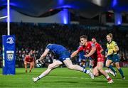 18 November 2023; Jamie Osborne of Leinster on his way to scoring his side's fifth try during the United Rugby Championship match between Leinster and Scarlets at the RDS Arena in Dublin. Photo by Harry Murphy/Sportsfile