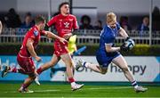 18 November 2023; Jamie Osborne of Leinster scores his side's fifth try despite the efforts of Kieran Hardy of Scarlets  during the United Rugby Championship match between Leinster and Scarlets at the RDS Arena in Dublin. Photo by Sam Barnes/Sportsfile