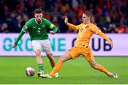 18 November 2023; Matt Doherty of Republic of Ireland in action against Joey Veerman of Netherlands during the UEFA EURO 2024 Championship qualifying group B match between Netherlands and Republic of Ireland at Johan Cruijff ArenA in Amsterdam, Netherlands. Photo by Stephen McCarthy/Sportsfile