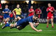 18 November 2023; Max Deegan of Leinster scores his side's eighth try during the United Rugby Championship match between Leinster and Scarlets at the RDS Arena in Dublin. Photo by Sam Barnes/Sportsfile