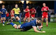 18 November 2023; Max Deegan of Leinster scores his side's eighth try during the United Rugby Championship match between Leinster and Scarlets at the RDS Arena in Dublin. Photo by Sam Barnes/Sportsfile