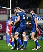 18 November 2023; Max Deegan of Leinster, 6, celebrates with team-mates after scoring his side's eighth try during the United Rugby Championship match between Leinster and Scarlets at the RDS Arena in Dublin. Photo by Sam Barnes/Sportsfile