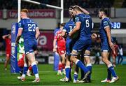 18 November 2023; Max Deegan of Leinster, 6, celebrates with team-mates after scoring his side's eighth try during the United Rugby Championship match between Leinster and Scarlets at the RDS Arena in Dublin. Photo by Sam Barnes/Sportsfile