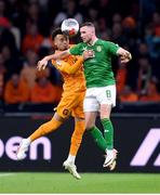 18 November 2023; Alan Browne of Republic of Ireland in action against Quilindschy Hartman of Netherlands during the UEFA EURO 2024 Championship qualifying group B match between Netherlands and Republic of Ireland at Johan Cruijff ArenA in Amsterdam, Netherlands. Photo by Seb Daly/Sportsfile
