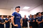 18 November 2023; Fintan Gunne of Leinster sings a song in the dressing room after making his Leinster debut in the United Rugby Championship match between Leinster and Scarlets at the RDS Arena in Dublin. Photo by Harry Murphy/Sportsfile