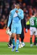 18 November 2023; Republic of Ireland goalkeeper Gavin Bazunu reacts after the UEFA EURO 2024 Championship qualifying group B match between Netherlands and Republic of Ireland at Johan Cruijff ArenA in Amsterdam, Netherlands. Photo by Stephen McCarthy/Sportsfile