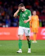 18 November 2023; Jayson Molumby of Republic of Ireland reacts after the UEFA EURO 2024 Championship qualifying group B match between Netherlands and Republic of Ireland at Johan Cruijff ArenA in Amsterdam, Netherlands. Photo by Stephen McCarthy/Sportsfile