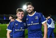18 November 2023; Leinster players Fintan Gunne, earning his first Leinster cap, and Ross Byrne, earning his 150th Leinster cap, after their side's victory in the United Rugby Championship match between Leinster and Scarlets at the RDS Arena in Dublin. Photo by Harry Murphy/Sportsfile