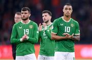 18 November 2023; Adam Idah, right, and Troy Parrott of Republic of Ireland react after the UEFA EURO 2024 Championship qualifying group B match between Netherlands and Republic of Ireland at Johan Cruijff ArenA in Amsterdam, Netherlands. Photo by Seb Daly/Sportsfile