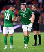18 November 2023; Nathan Collins, right, and Adam Idah of Republic of Ireland during the UEFA EURO 2024 Championship qualifying group B match between Netherlands and Republic of Ireland at Johan Cruijff ArenA in Amsterdam, Netherlands. Photo by Stephen McCarthy/Sportsfile