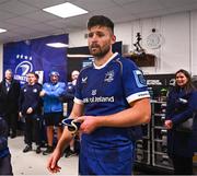 18 November 2023; Ross Byrne of Leinster presents Fintan Gunne of Leinster, not pictured, with his first Leinster cap during the United Rugby Championship match between Leinster and Scarlets at the RDS Arena in Dublin. Photo by Harry Murphy/Sportsfile