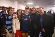 18 November 2023; Fintan Gunne of Leinster with family, from left, sisters Rachel and Grace, mother Emer and father Pat after making his Leinster debut in  the United Rugby Championship match between Leinster and Scarlets at the RDS Arena in Dublin. Photo by Harry Murphy/Sportsfile