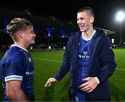 18 November 2023; Fintan Gunne of Leinster with teammate Sam Prendergast after making his debut in the United Rugby Championship match between Leinster and Scarlets at the RDS Arena in Dublin. Photo by Harry Murphy/Sportsfile