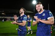 18 November 2023; Caelan Doris and Ross Molony of Leinster after their side's victory in the United Rugby Championship match between Leinster and Scarlets at the RDS Arena in Dublin. Photo by Harry Murphy/Sportsfile