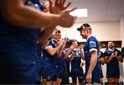 18 November 2023; Fintan Gunne of Leinster is congratulated by teammates after making his Leinster debut in his side's victory in the United Rugby Championship match between Leinster and Scarlets at the RDS Arena in Dublin. Photo by Harry Murphy/Sportsfile