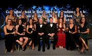 18 November 2023; TG4 LGFA All Star award winners, back row from left; Abby Shiels of Dublin, Eilís Lynch of Kerry, Danielle Caldwell of Mayo, Lauren Magee of Dublin, Martha Byrne of Dublin, Cáit Lynch of Kerry, and Lorraine Scanlon of Kerry, and front row from left; Niamh Carmody of Kerry, Orlagh Nolan of Dublin, Ciara O’Sullivan of Cork, Louise Ní Mhuircheartaigh of Kerry, Carla Rowe of Dublin and Hannah Tyrrell of Dublin with Ard Stiúrthóir TG4 Alan Esslemont, left, and Uachtarán Cumann Peil Gael na mBan Mícheál Naughton during the TG4 All-Ireland Ladies Football All Stars Awards banquet, in association with Lidl, at the Bonnington Dublin Hotel. Photo by Brendan Moran/Sportsfile