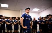 18 November 2023; Fintan Gunne of Leinster sings a song in the dressing room after making his Leinster debut in the United Rugby Championship match between Leinster and Scarlets at the RDS Arena in Dublin. Photo by Harry Murphy/Sportsfile