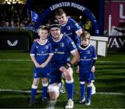 18 November 2023; Matchday mascots Elliott O'Beirne, aged eight, and Ryan O'Hara, aged seven, with Leinster co-captains James Ryan and Garry Ringrose before the United Rugby Championship match between Leinster and Scarlets at the RDS Arena in Dublin. Photo by Harry Murphy/Sportsfile