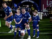 18 November 2023; Matchday mascots Elliott O'Beirne, aged eight, and Ryan O'Hara, aged seven, with Leinster co-captains James Ryan and Garry Ringrose before the United Rugby Championship match between Leinster and Scarlets at the RDS Arena in Dublin. Photo by Harry Murphy/Sportsfile