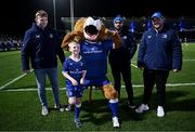 18 November 2023; Matchday mascot Elliott O'Beirne, aged eight, with Leinster players Martin Moloney, Ed Byrne and Charlie Ngatai and Leo the Lion before the United Rugby Championship match between Leinster and Scarlets at the RDS Arena in Dublin. Photo by Harry Murphy/Sportsfile