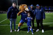 18 November 2023; Matchday mascots Ryan O'Hara, aged seven, with Leinster players Martin Moloney, Ed Byrne and Charlie Ngatai and Leo the Lion before the United Rugby Championship match between Leinster and Scarlets at the RDS Arena in Dublin. Photo by Harry Murphy/Sportsfile