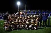 18 November 2023; The Newbridge team pictured with Leinster players Martin Moloney, Ed Byrne and Charlie Ngatai before the Bank of Ireland Half-Time Minis during the United Rugby Championship match between Leinster and Scarlets at the RDS Arena in Dublin. Photo by Michael P Ryan/Sportsfile Photo by Harry Murphy/Sportsfile