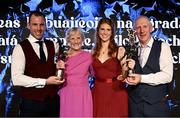 18 November 2023; Louise Ní Mhuircheartaigh of Kerry, with her brother Colm and parents Noreen and Diarmuid, and her TG4 Senior Players Player of the Year and her TG4 LGFA All Star awards, during the TG4 All-Ireland Ladies Football All Stars Awards banquet, in association with Lidl, at the Bonnington Dublin Hotel. Photo by Brendan Moran/Sportsfile