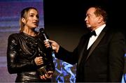 18 November 2023; TG4 Intermediate Players Player of the Year  Róisín Byrne of Kildare is interviewed by MC Marty Morrissey during the TG4 All-Ireland Ladies Football All Stars Awards banquet, in association with Lidl, at the Bonnington Dublin Hotel. Photo by Brendan Moran/Sportsfile