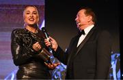 18 November 2023; TG4 Intermediate Players Player of the Year  Róisín Byrne of Kildare is interviewed by MC Marty Morrissey during the TG4 All-Ireland Ladies Football All Stars Awards banquet, in association with Lidl, at the Bonnington Dublin Hotel. Photo by Brendan Moran/Sportsfile