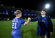 18 November 2023; Fintan Gunne and Thomas Clarkson of Leinster after their side's victory in the United Rugby Championship match between Leinster and Scarlets at the RDS Arena in Dublin. Photo by Harry Murphy/Sportsfile