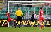 19 November 2023; Dana Scheriff of Athlone Town shoots to score her side's first goal during the Sports Direct FAI Women's Cup Final match between Athlone Town and Shelbourne at Tallaght Stadium in Dublin. Photo by Stephen McCarthy/Sportsfile