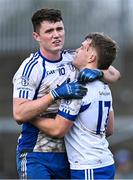 19 November 2023; Naas players Alex Beirne, left, and Tom Browne celebrate after their side's victory in the AIB Leinster GAA Football Senior Club Championship Semi-Final match between St Loman's Mullingar, Mullingar, and Naas, Kildare, at TEG Cusack Park in Mullingar, Westmeath. Photo by Piaras Ó Mídheach/Sportsfile
